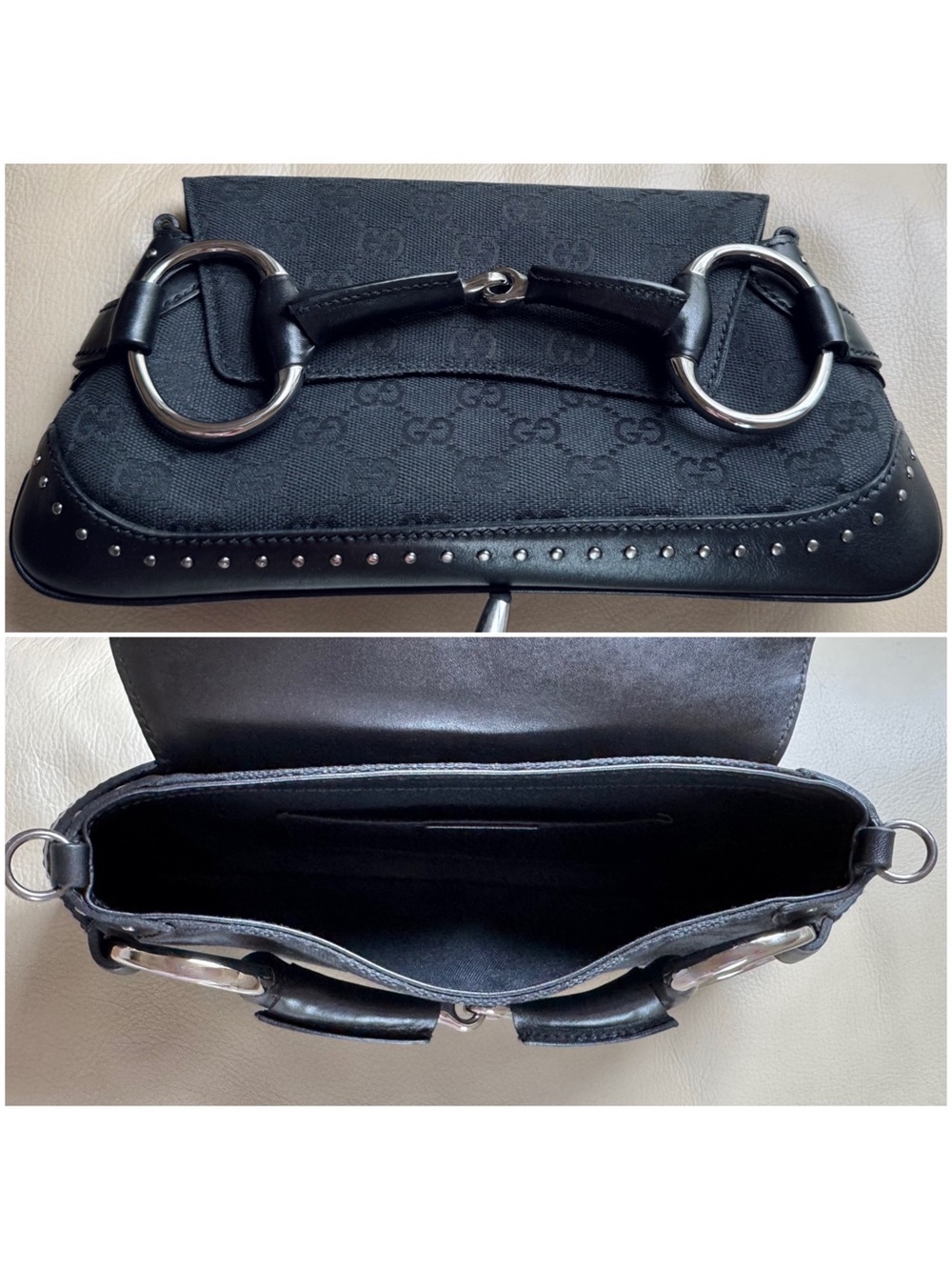 Authentic Gucci Tom Ford Horsebit Black Canvas Studs Leather Chain Clutch, COA - Picture 7 of 15